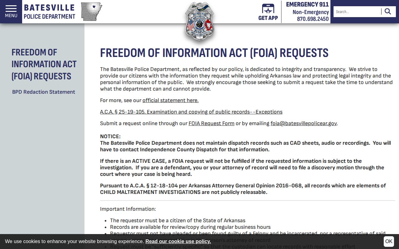 Batesville Police Department arrest record request and fee page