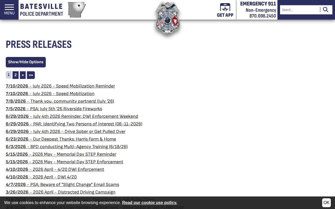 Batesville Police Department selective arrest press release stream