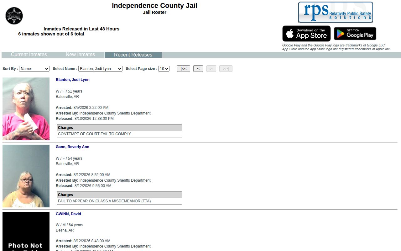 Independence County recent release booking record interface