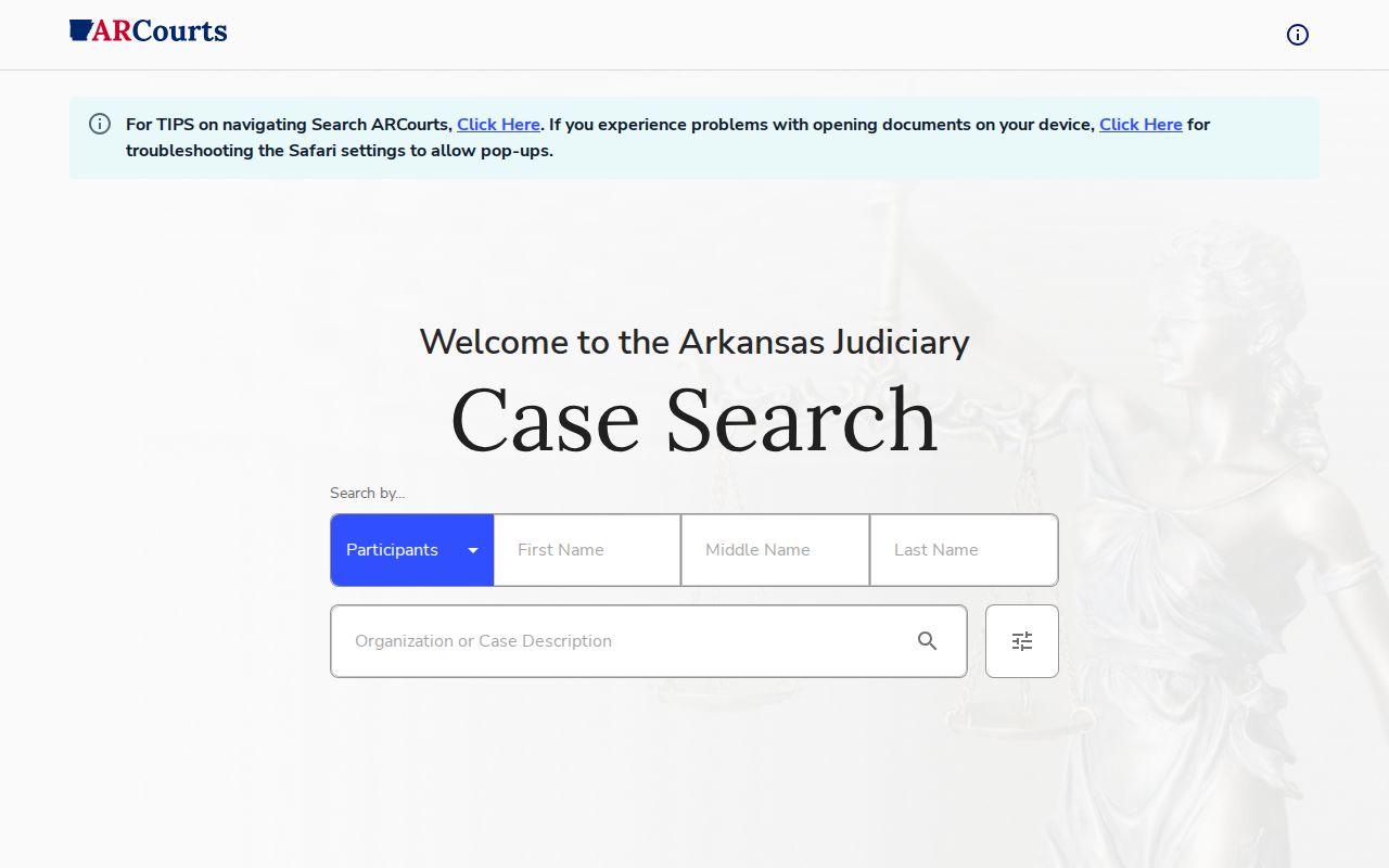 Search ARCourts Independence County arrest disposition interface